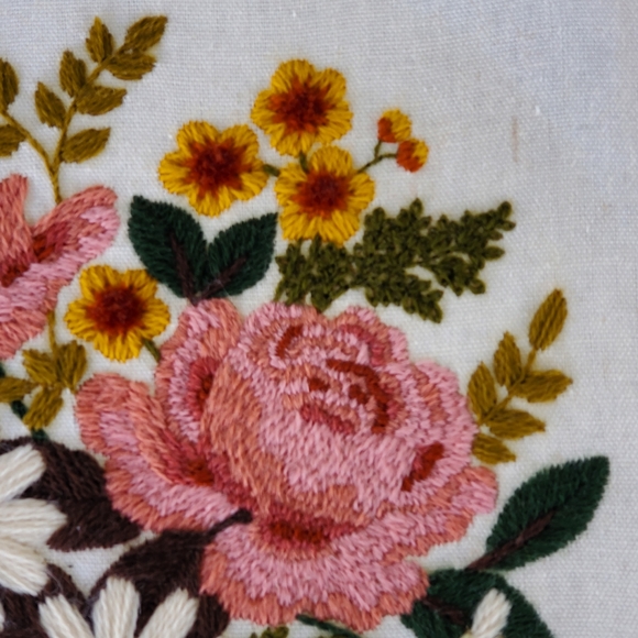 Embroidered Floral Wall Hanging 13" Square Handmade Roses Pink Cottagecore - Picture 3 of 6